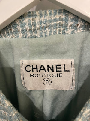 Chanel 1997 Vintage Baby Blue, Brown and White Tweed Jacket with CC Button Details Size FR 36 (UK 8)