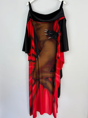 Loewe Black and Red Velvet Draped Maxi Dress with Body Print Size IT 38 (UK 6)