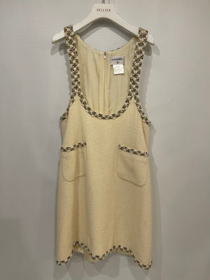 Chanel Paris-Byzance Cream Sleeveless Tweed Dress and Jacket Set with Embellished Button Details Size FR 40/44 (UK 12/16)