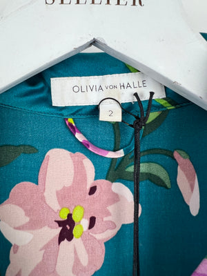 Olivia Von Halle Teal Floral Two-Piece Shirt and Trouser Set Size 2 (UK 10)