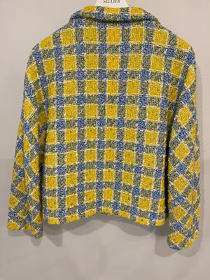 Gucci Yellow and Blue Embellished Tweed Jacket with Gold Logo Buttons Size IT 40 (UK 8) RRP £2,300