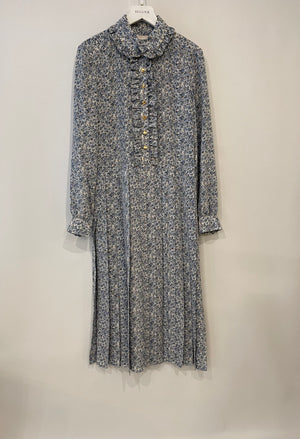 Céline Blue Floral Silk Midi Dress with Gold Logo Buttons Detailing Size FR 34 (UK 6)