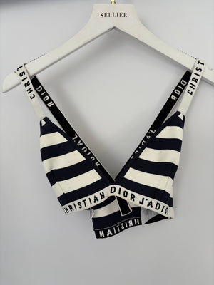 Christian Dior Navy and White Stripe Logo Bralette Top Size M (UK 10)