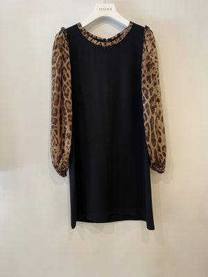 Dolce & Gabbana Black Dress with Leopard Silk Sleeves and Collar Size IT 42 (UK 10) RRP £1,450