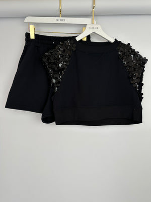 Prada Black Cotton Shorts and Crop Top Set With Sequin Embellishment Detail Size Small (UK 8)