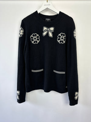 Chanel 16/A Black Camellia and Bow Long Sleeve Jumper with Pocket Detail Size FR 38 (UK 10)