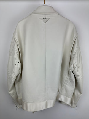 Prada Off White Leather Biker Asymmetric Jacket with Metal Logo Belt Buckle Detail Size IT 42 (UK 10)