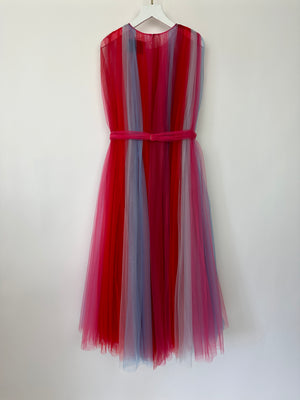 Carolina Herrera Blue, Pink & Red Sheer Tulle Sleeveless Belted Gown Size M (UK 10)