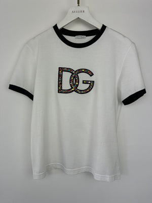 Dolce & Gabbana White Multi-Coloured Crystal DG Logo T-Shirt Size XS (UK 4-6)