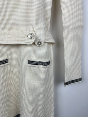 Chanel 22C Cream Knit Long Sleeve Mini Dress with Black Detail and Pearl Logo Buttons Size FR 34 (UK 6) RRP £2450