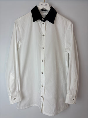 Chanel White Button Down Shirt with Velvet Collar and Silver Button Details Size FR 38 (UK 10)