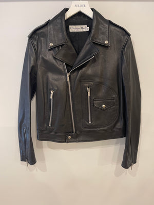 Christian Dior Black Leather Biker Jacket with Silver Zip Detail and Stitch Logo FR 40 (UK 12)