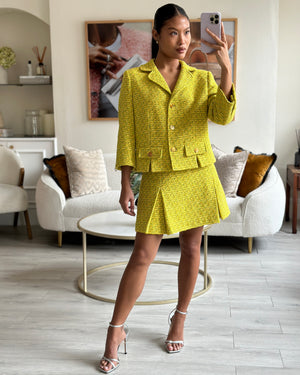 Gucci Yellow Tweed Long-Sleeve Jacket and Mini Skirt Set with Horseshoe Button Details Size IT 42/44 (UK 10/12)