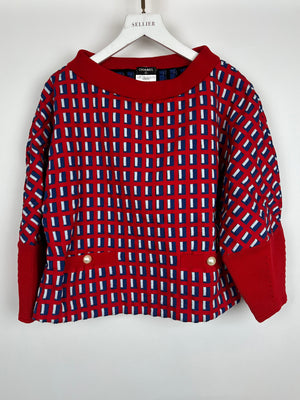 Chanel SS13 Red Knit Jumper with Pearl Pockets & Blue and White Window Detail Size FR 36 (UK 8)