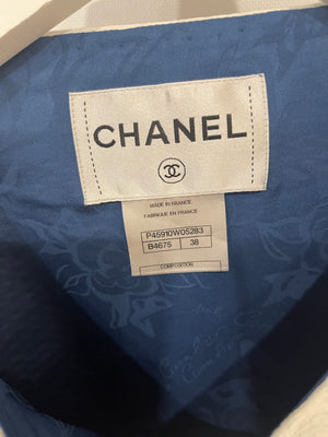 Chanel Blue and White Mid-Sleeve Cropped Jacket with Zip and Pockets Size FR 38 (UK 10)