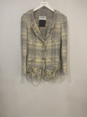 Chanel 05P Yellow and Grey CC Logo Tweed Jacket with Pearl and Chain Detail Size FR 36 (UK 8)