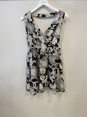 Chanel Black and White Abstract Printed Open-Back Silk Top and Shorts Set with CC Logo Details Size FR 36 (UK 8)