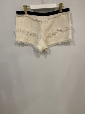 Chanel Cream and Black Tweed Mini Shorts Tulle Details and CC Logo Buttons Size FR 40 (UK 12)