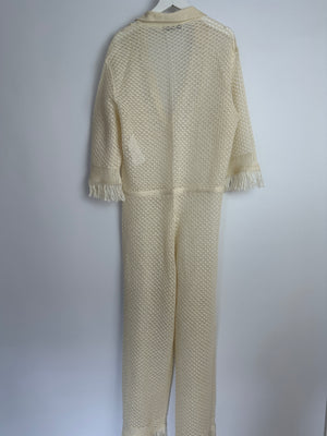 Christian Dior Cream Crochet Linen Jumpsuit With Drawstring Waistband and Shirt Collar Neckline Size FR 34 (UK 6)