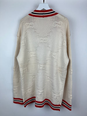 Gucci Cream, Red and Blue GG Knit Wool Blend Cardigan with Stripe Trim and Gold Buttons Size S (UK 8)