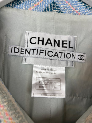 Chanel Blue and Green Striped Tweed Jacket with Transparent Blue CC Logo Button Details Size FR 46 (UK 18)