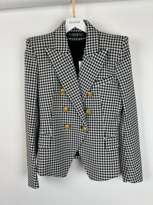 Balmain Black and White Houndstooth Blazer Jacket with Gold Button Details Size FR 38 (UK 8)