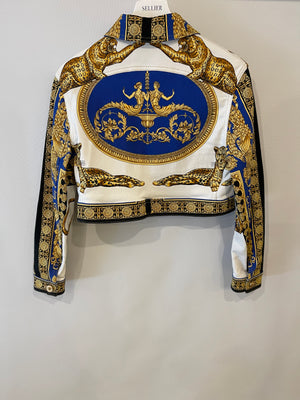 Versace Gold, Blue and White Cropped Denim Jacket with Printed and Button Details Size IT 44 (UK 12)