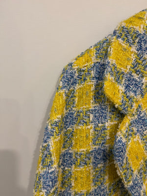 Gucci Yellow and Blue Embellished Tweed Jacket with Gold Logo Buttons Size IT 40 (UK 8) RRP £2,300