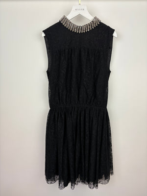 Saint Laurent Black Floral Lace Sleeveless Dress with Studded Neck Detail Size FR 38 (UK 10)