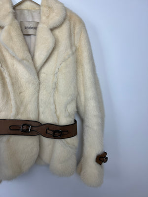 Ermanno Scervino Cream Mink Jacket with Brown Belt Details Size IT 40 (UK 8)