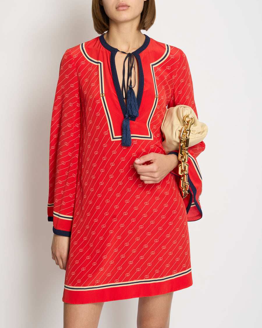 Gucci Red V-Neck Long Sleeve GG Striped Dress with Tassel Detail IT 38 (UK 6)