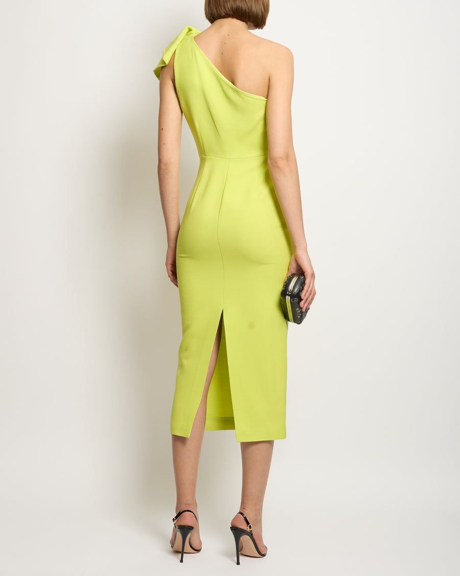 Roland Mouret Lime Green One-Shoulder Midi Dress with Split Metal FR 36 (UK 8)