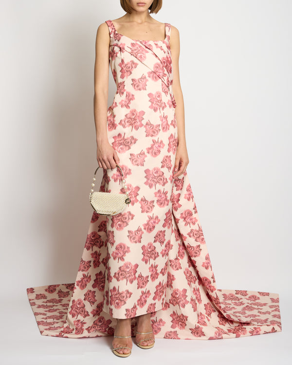 Emilia Wickstead Pale Pink Gown with Dark Pink Floral Print with Long Train Draping Detail Size UK 12