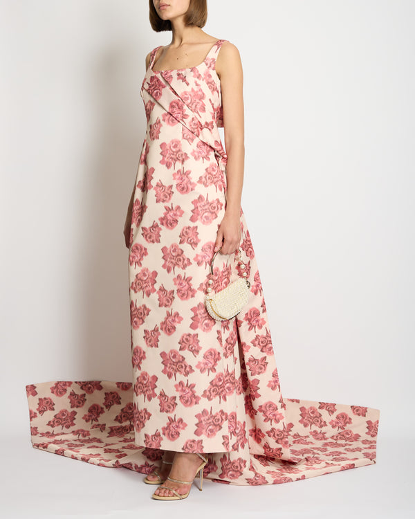 Emilia Wickstead Pale Pink Gown with Dark Pink Floral Print with Long Train Draping Detail Size UK 12