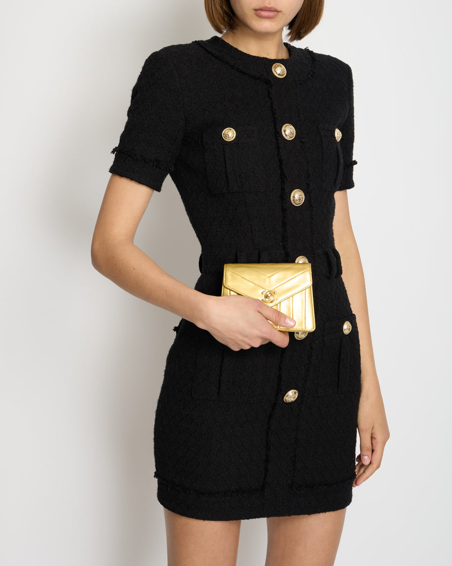 Balmain Black Tweed Short Sleeve Mini Dress with Gold Button Detail FR 34 (UK 6)