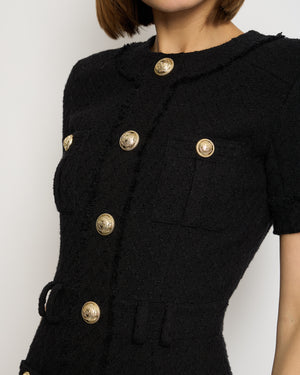 Balmain Black Tweed Short Sleeve Mini Dress with Gold Button Detail FR 34 (UK 6)