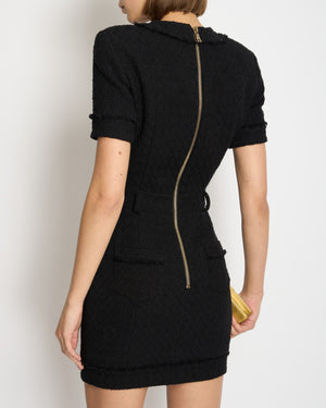 Balmain Black Tweed Short Sleeve Mini Dress with Gold Button Detail FR 34 (UK 6)