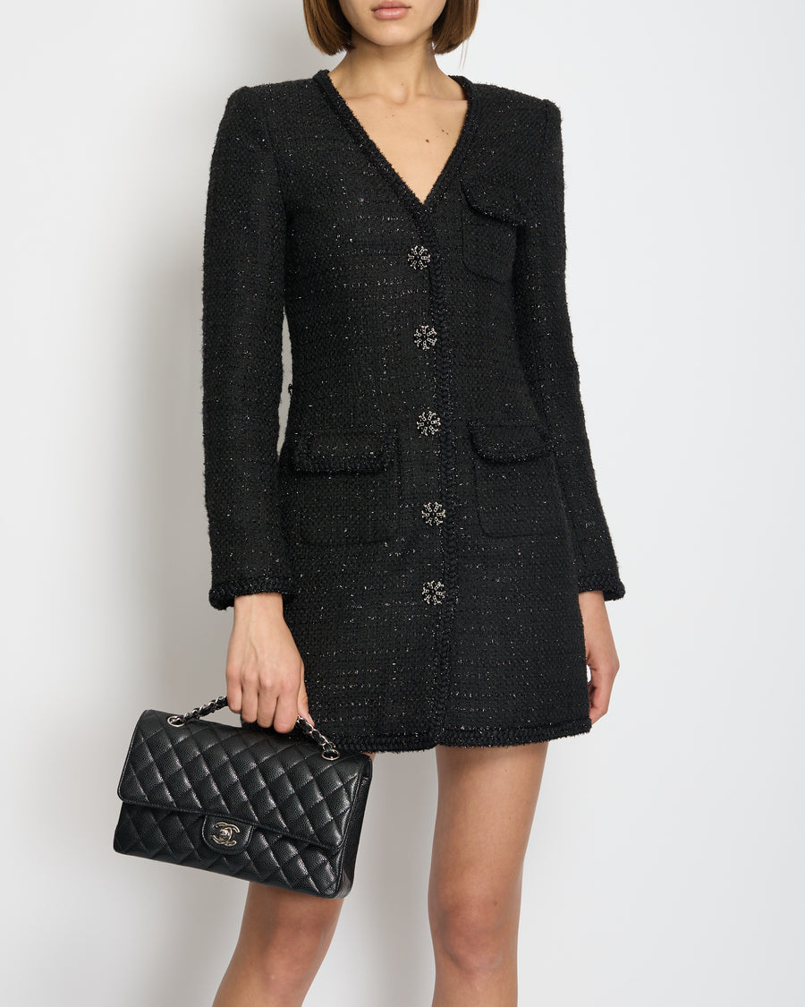 Self-Portrait Black Metallic Tweed Long Sleeve Dress with Embellished Button Detail Size UK 8