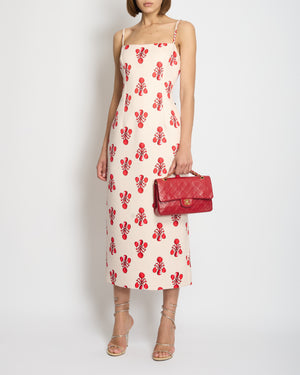 Emilia Wickstead Beige Midi Dress with Abstract Red Printed Detail Size UK 12