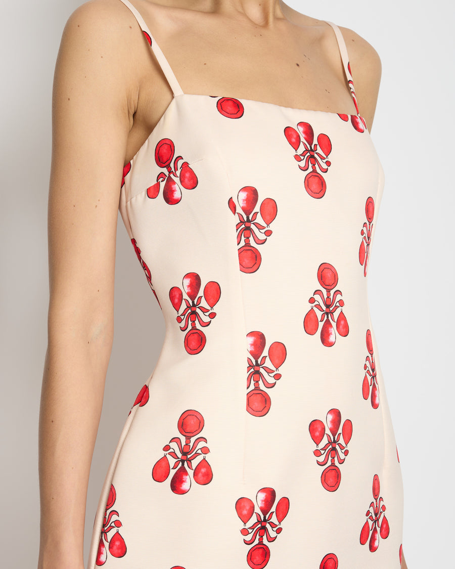 Emilia Wickstead Beige Midi Dress with Abstract Red Printed Detail Size UK 12