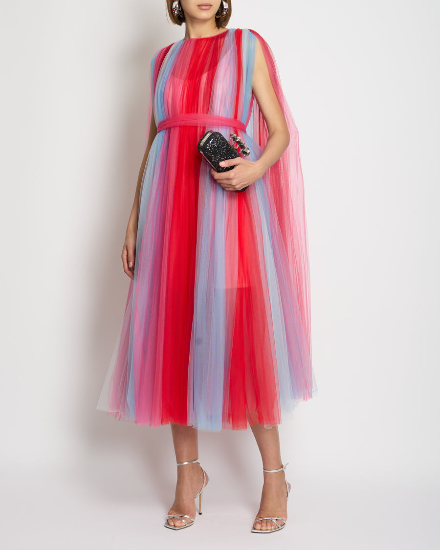 Carolina Herrera Blue, Pink & Red Sheer Tulle Sleeveless Belted Gown Size M (UK 10)