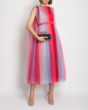 Carolina Herrera Blue, Pink & Red Sheer Tulle Sleeveless Belted Gown Size M (UK 10)