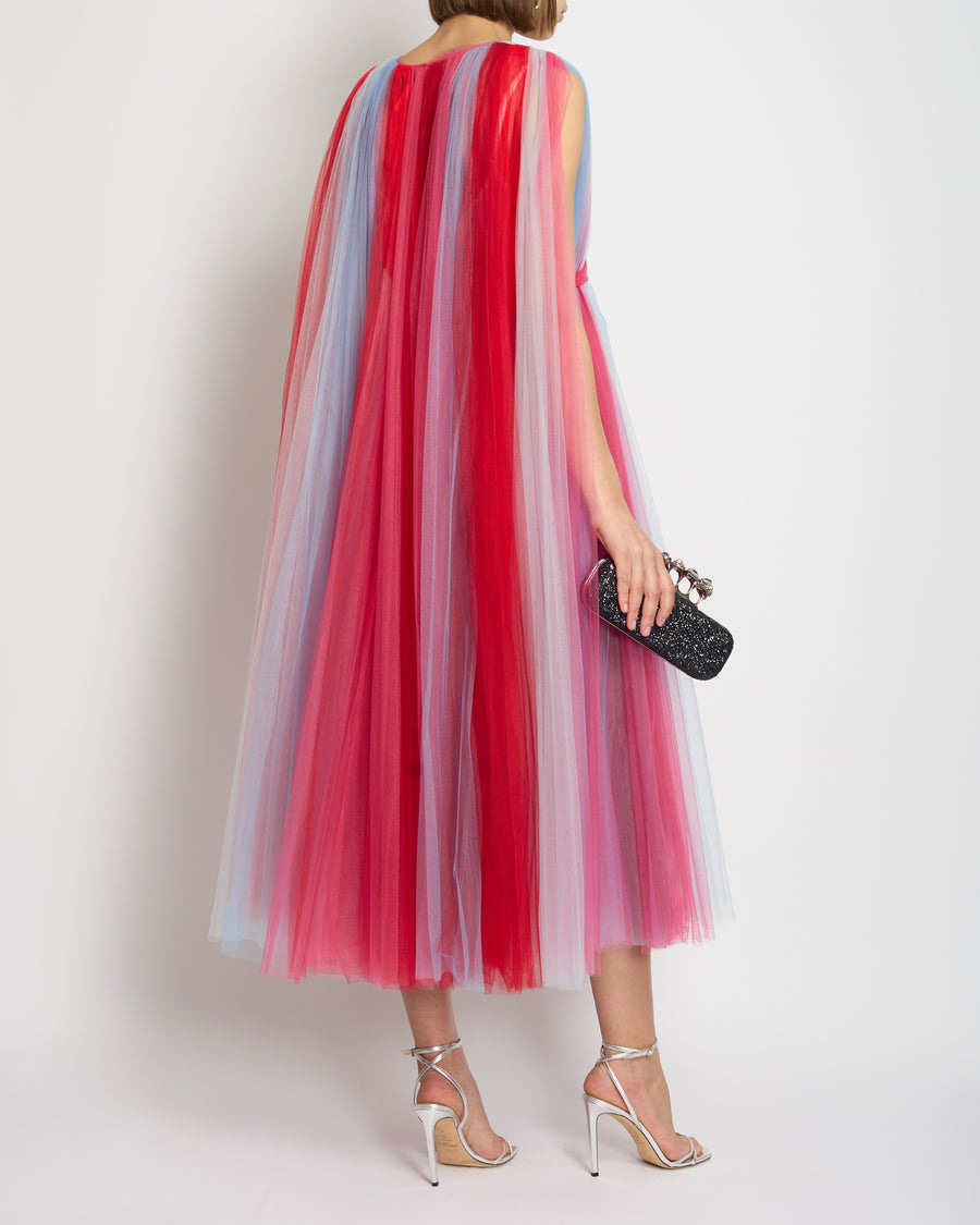 Carolina Herrera Blue, Pink & Red Sheer Tulle Sleeveless Belted Gown Size M (UK 10)