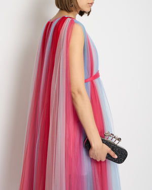 Carolina Herrera Blue, Pink & Red Sheer Tulle Sleeveless Belted Gown Size M (UK 10)