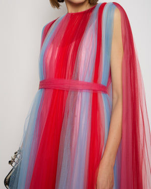 Carolina Herrera Blue, Pink & Red Sheer Tulle Sleeveless Belted Gown Size M (UK 10)