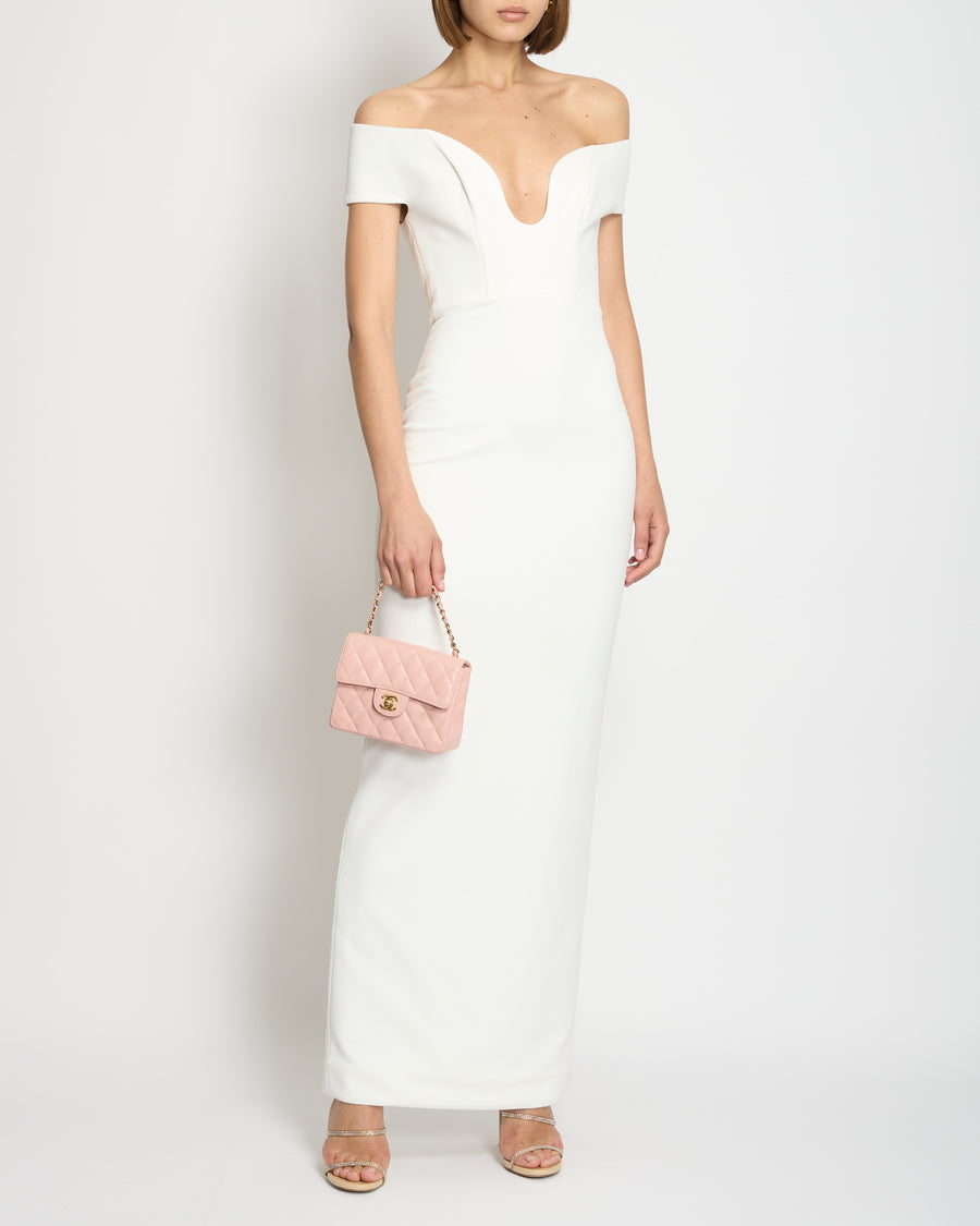 Solace London White Off-Shoulder Long Gown Dress with Plunge Neckline Detail Size UK 8