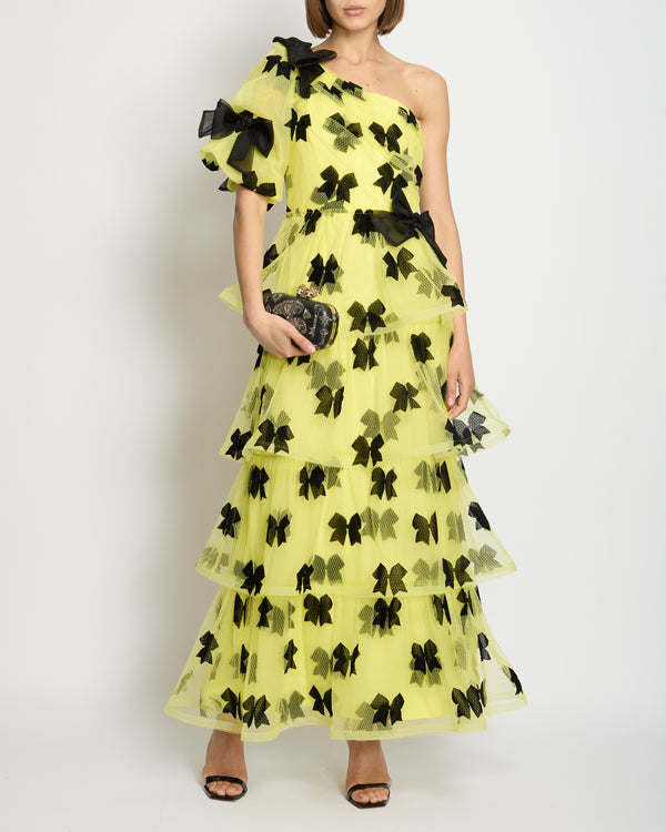 Rodarte Yellow Tulle One Shoulder Maxi Dress With Black Bow Detail Fall 2019 Size UK 10