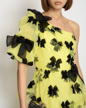 Rodarte Yellow Tulle One Shoulder Maxi Dress With Black Bow Detail Fall 2019 Size UK 10