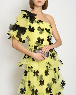 Rodarte Yellow Tulle One Shoulder Maxi Dress With Black Bow Detail Fall 2019 Size UK 10