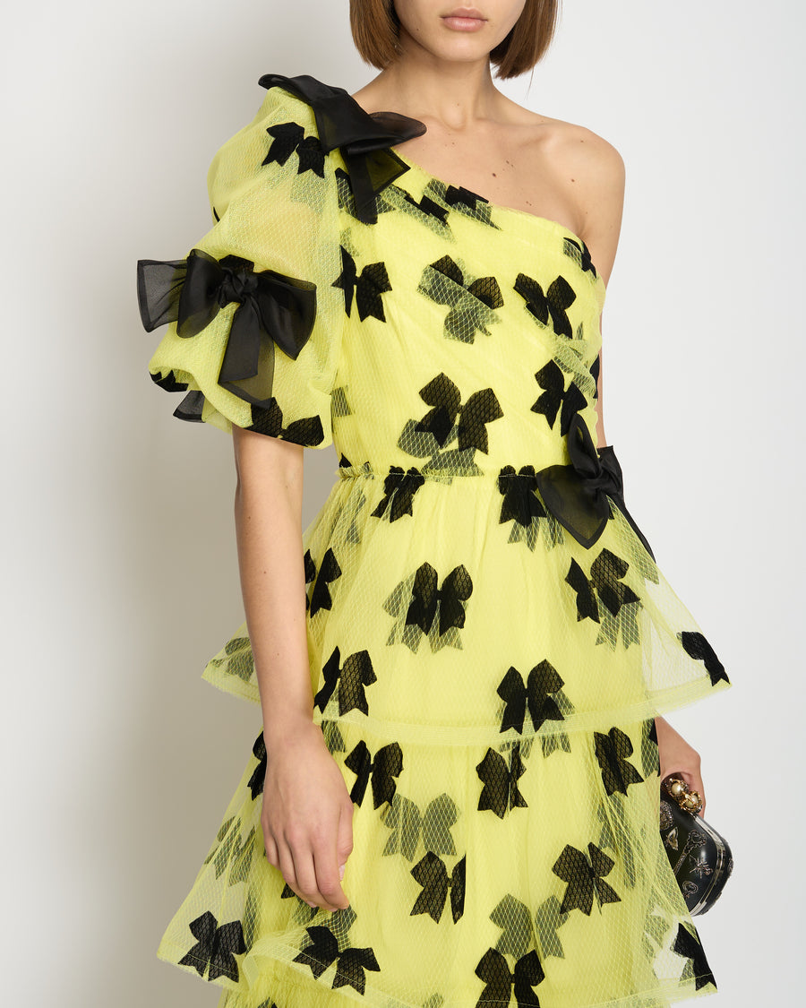 Rodarte Yellow Tulle One Shoulder Maxi Dress With Black Bow Detail Fall 2019 Size UK 10